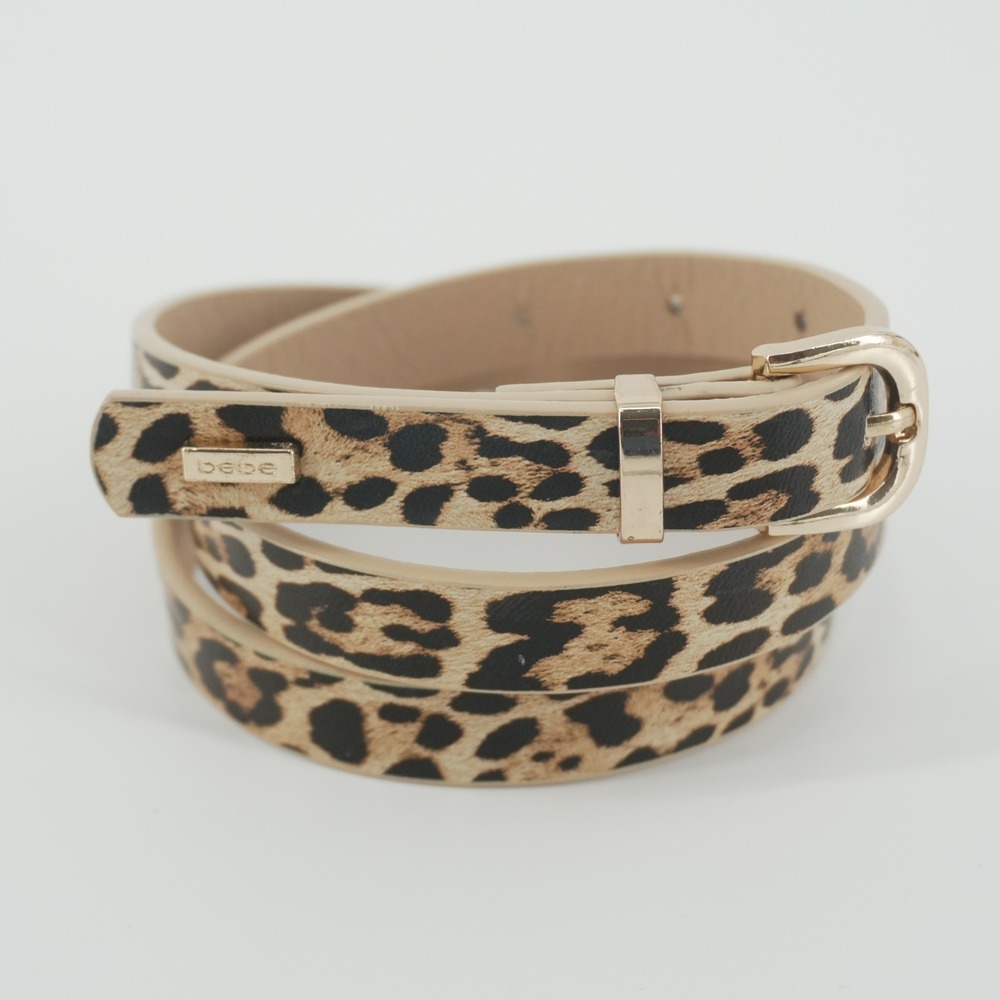 Bebe Belt Women Medium Brown Leopard Print Skinny Gold Buckle Synthetic Leather
